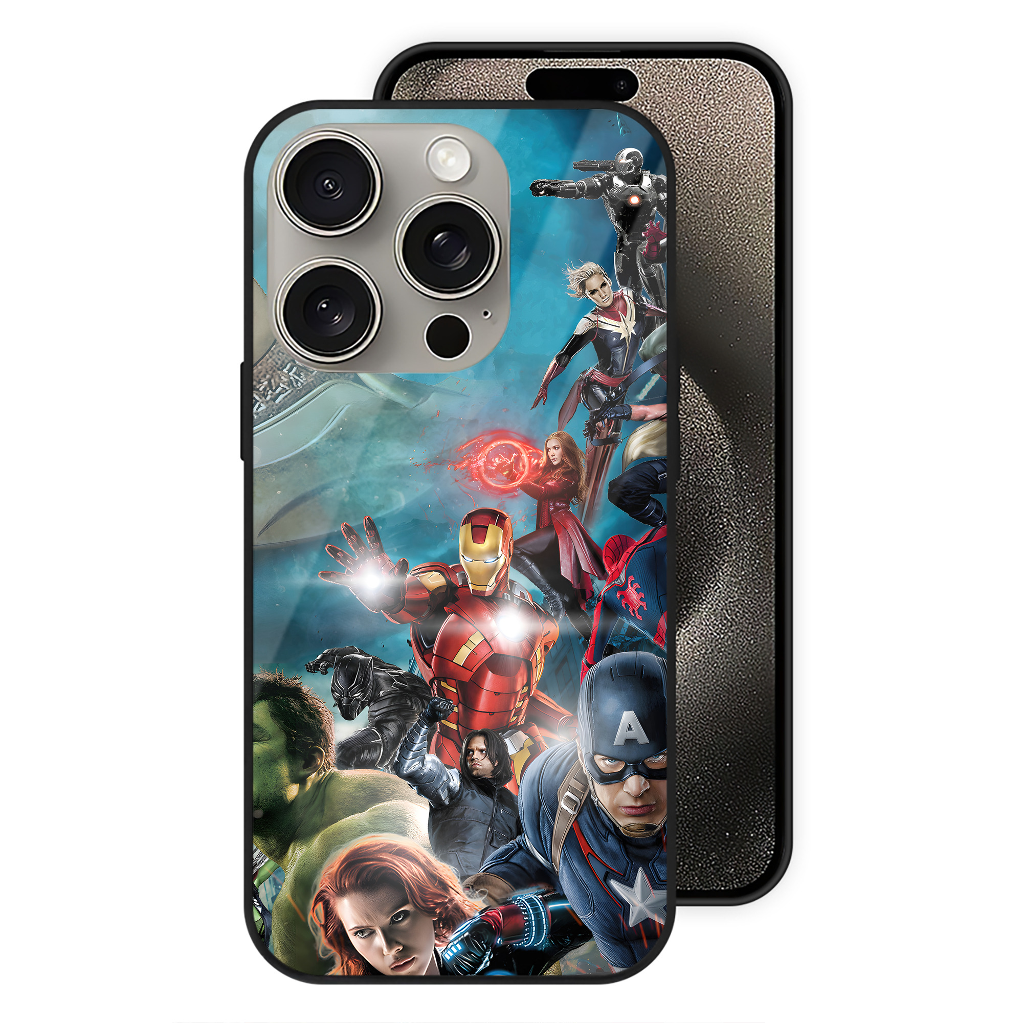 （画像用） アベンジャーズ The Avengers 【iPhone15Pro対応】スマホケース 耐衝撃＆黄変防止 背面ガラス