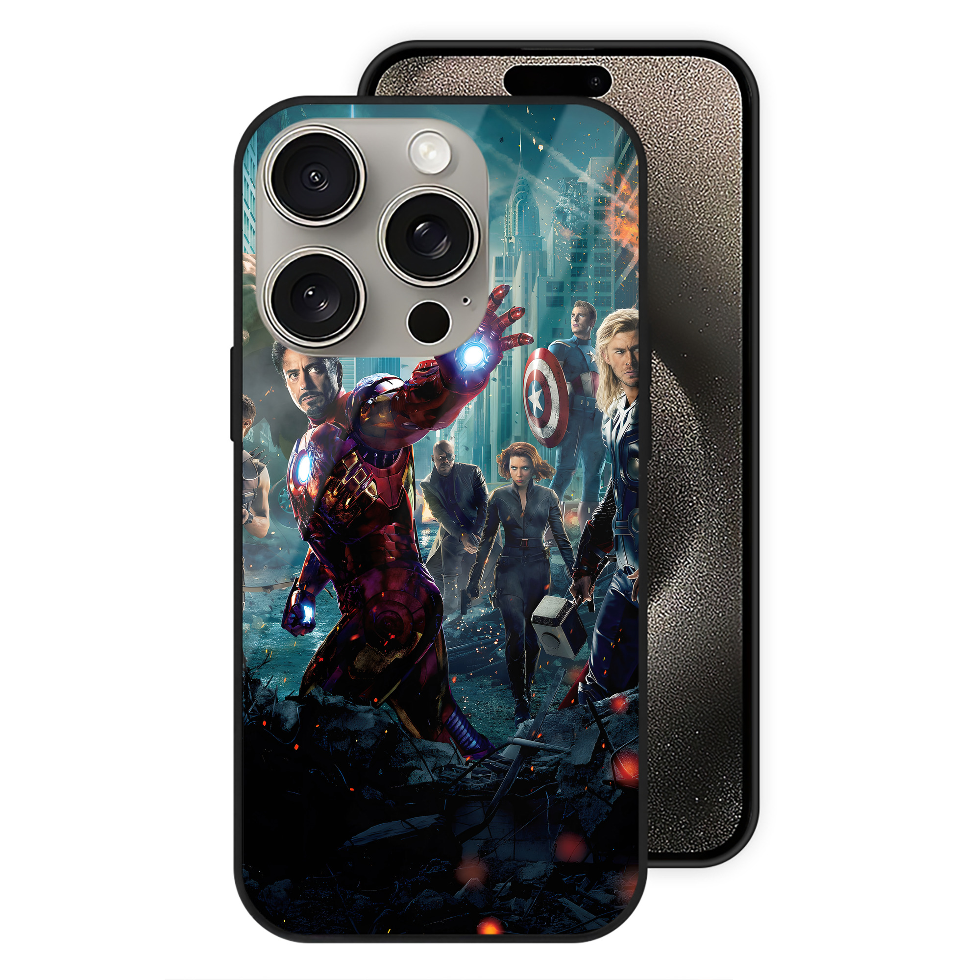（画像用） アベンジャーズ The Avengers 【iPhone15Pro対応】スマホケース 耐衝撃＆黄変防止 背面ガラス