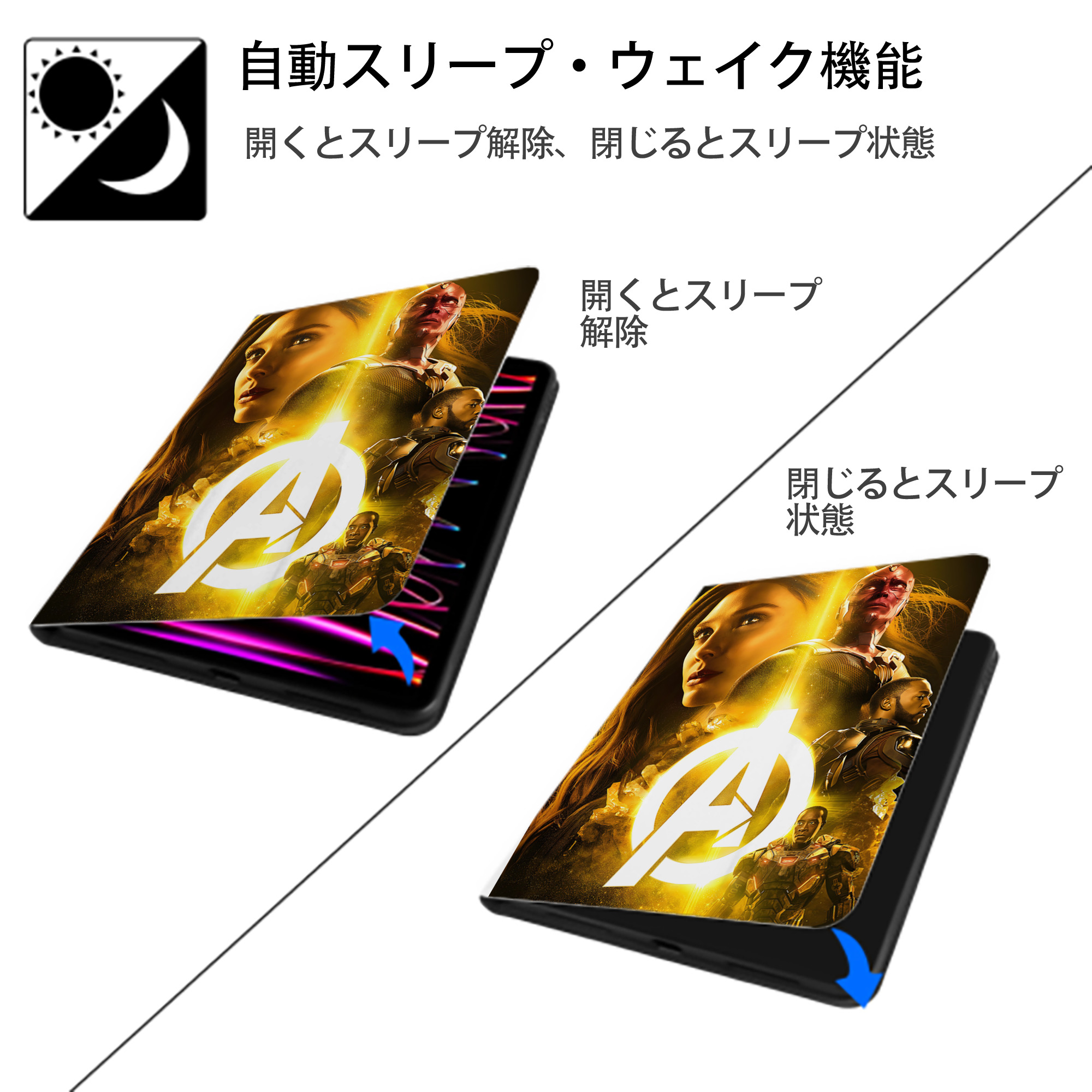 アベンジャーズ The Avengers IPad ケース ペン収納付き 三つ折りスタンド PUレザー×シリコン 対応機種9.5/10.5/10.9インチ