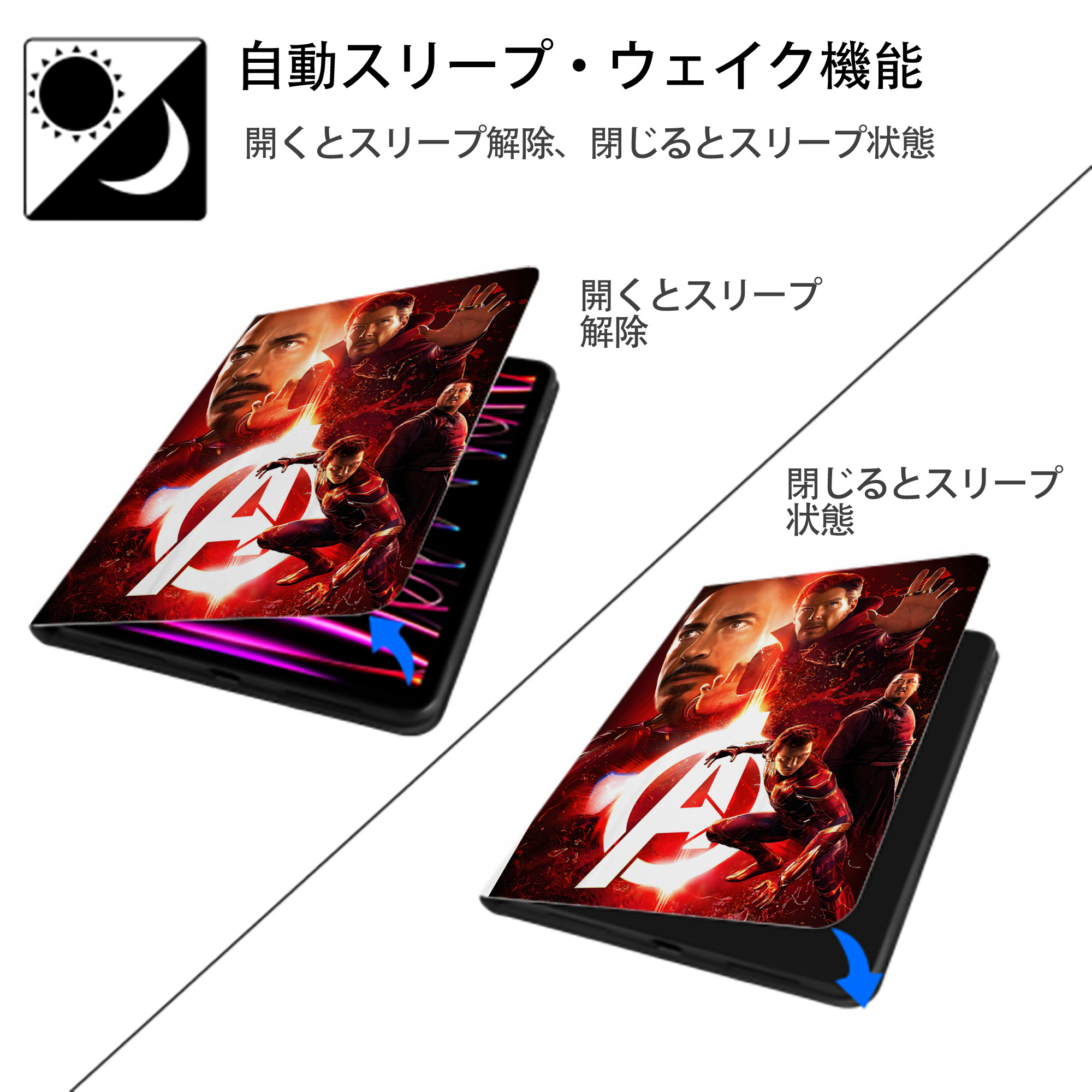 アベンジャーズ The Avengers IPad ケース ペン収納付き 三つ折りスタンド PUレザー×シリコン 対応機種9.5/10.5/10.9インチ
