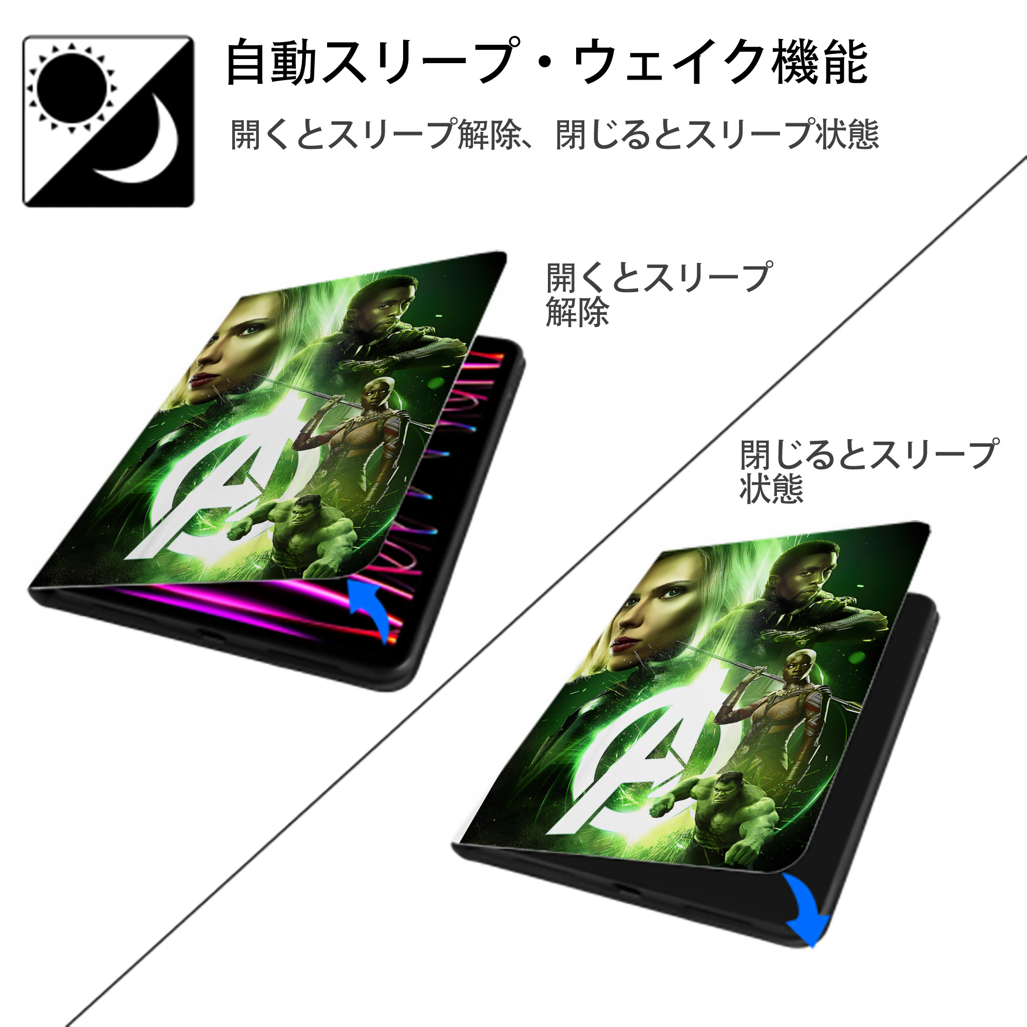 アベンジャーズ The Avengers IPad ケース ペン収納付き 三つ折りスタンド PUレザー×シリコン 対応機種9.5/10.5/10.9インチ