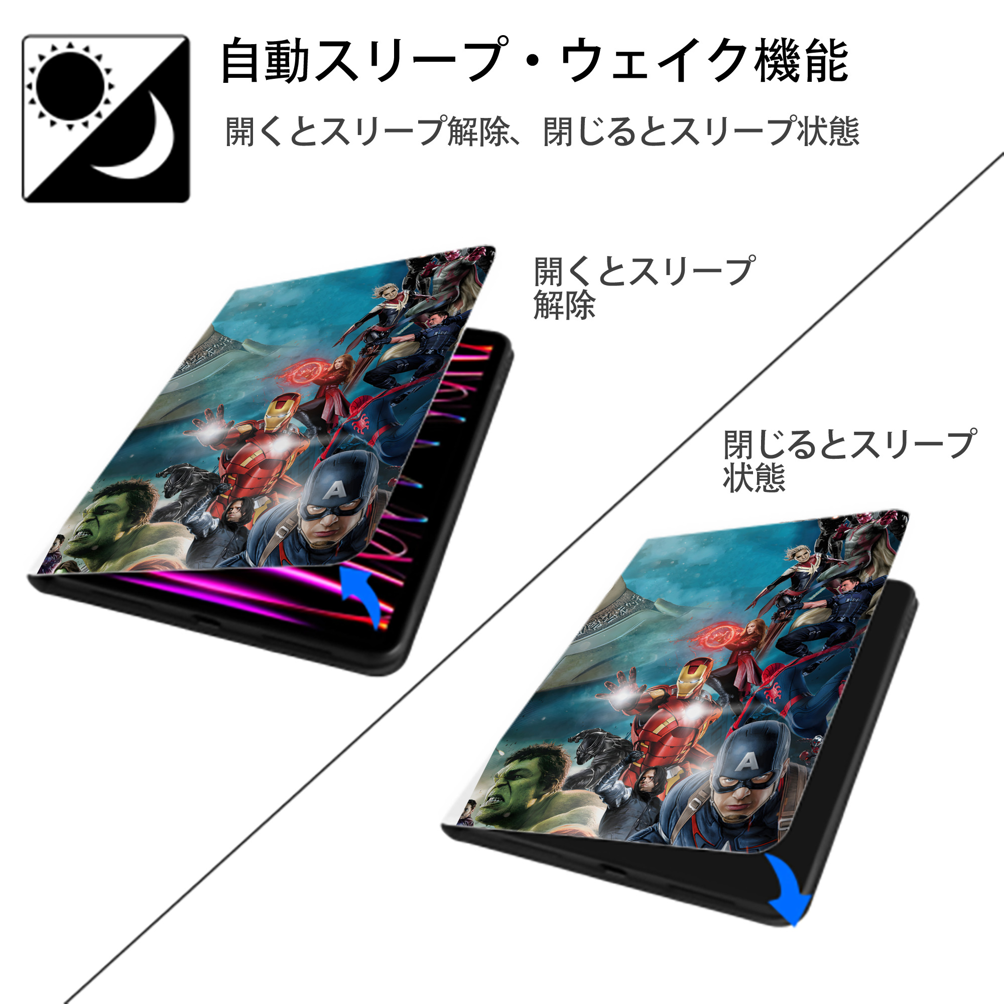 アベンジャーズ The Avengers IPad ケース ペン収納付き 三つ折りスタンド PUレザー×シリコン 対応機種9.5/10.5/10.9インチ