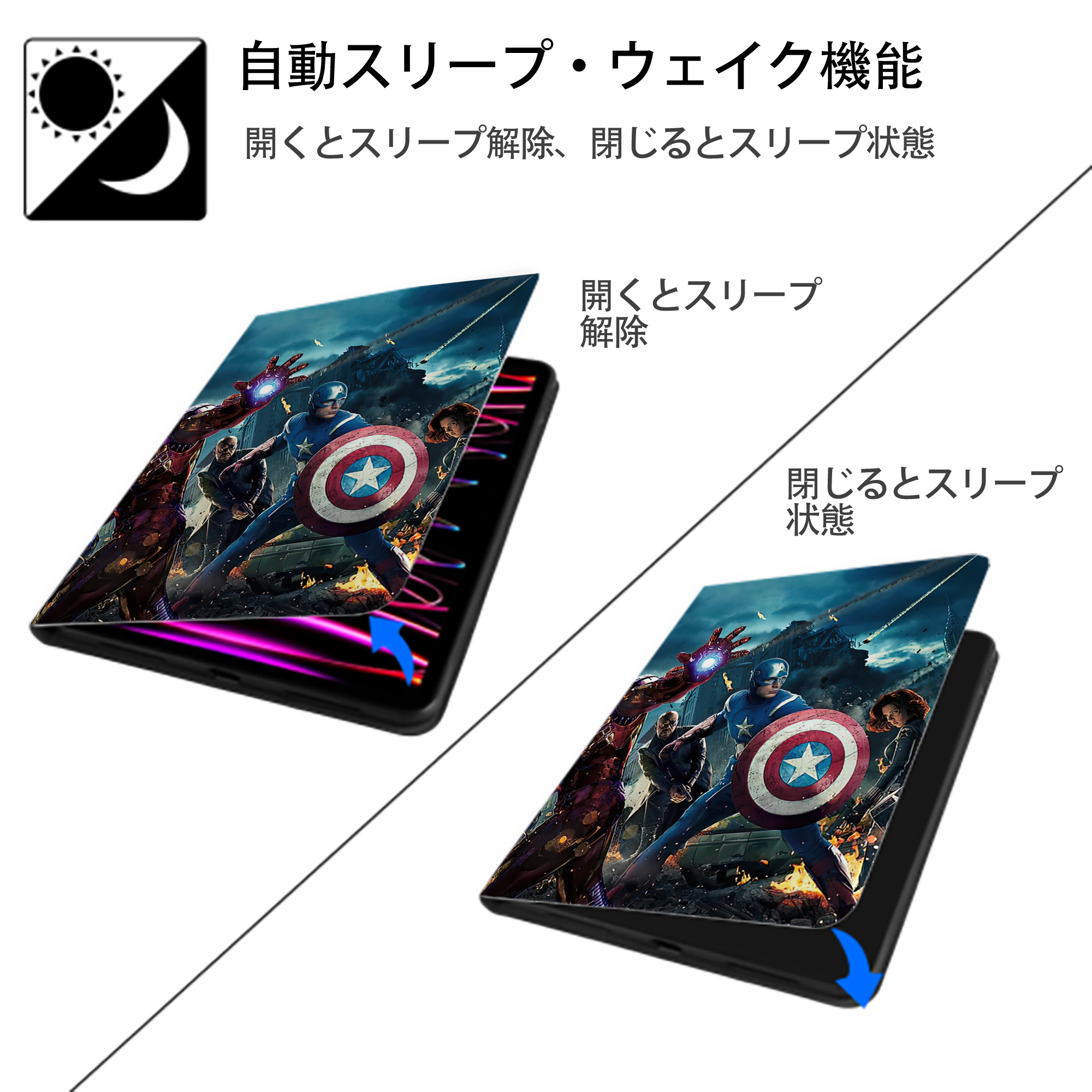 アベンジャーズ The Avengers IPad ケース ペン収納付き 三つ折りスタンド PUレザー×シリコン 対応機種9.5/10.5/10.9インチ