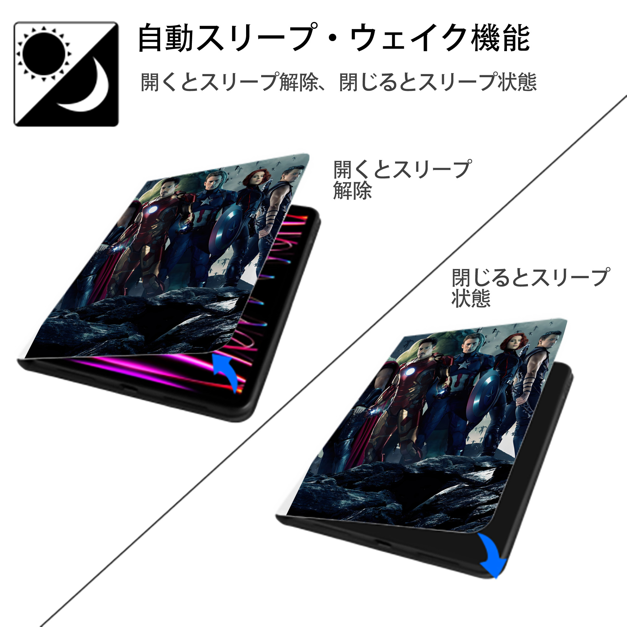 アベンジャーズ The Avengers IPad ケース ペン収納付き 三つ折りスタンド PUレザー×シリコン 対応機種9.5/10.5/10.9インチ