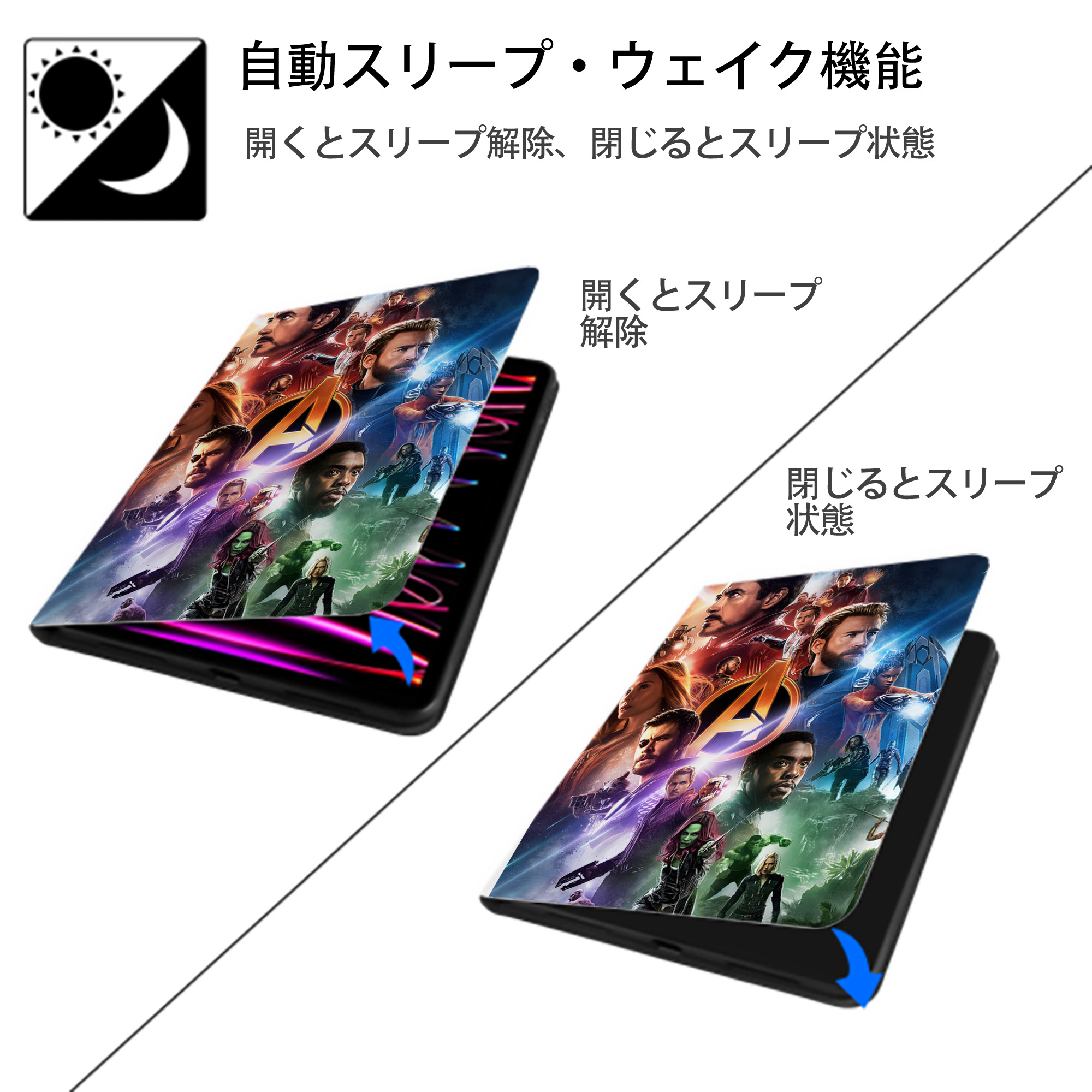 アベンジャーズ The Avengers IPad ケース ペン収納付き 三つ折りスタンド PUレザー×シリコン 対応機種9.5/10.5/10.9インチ