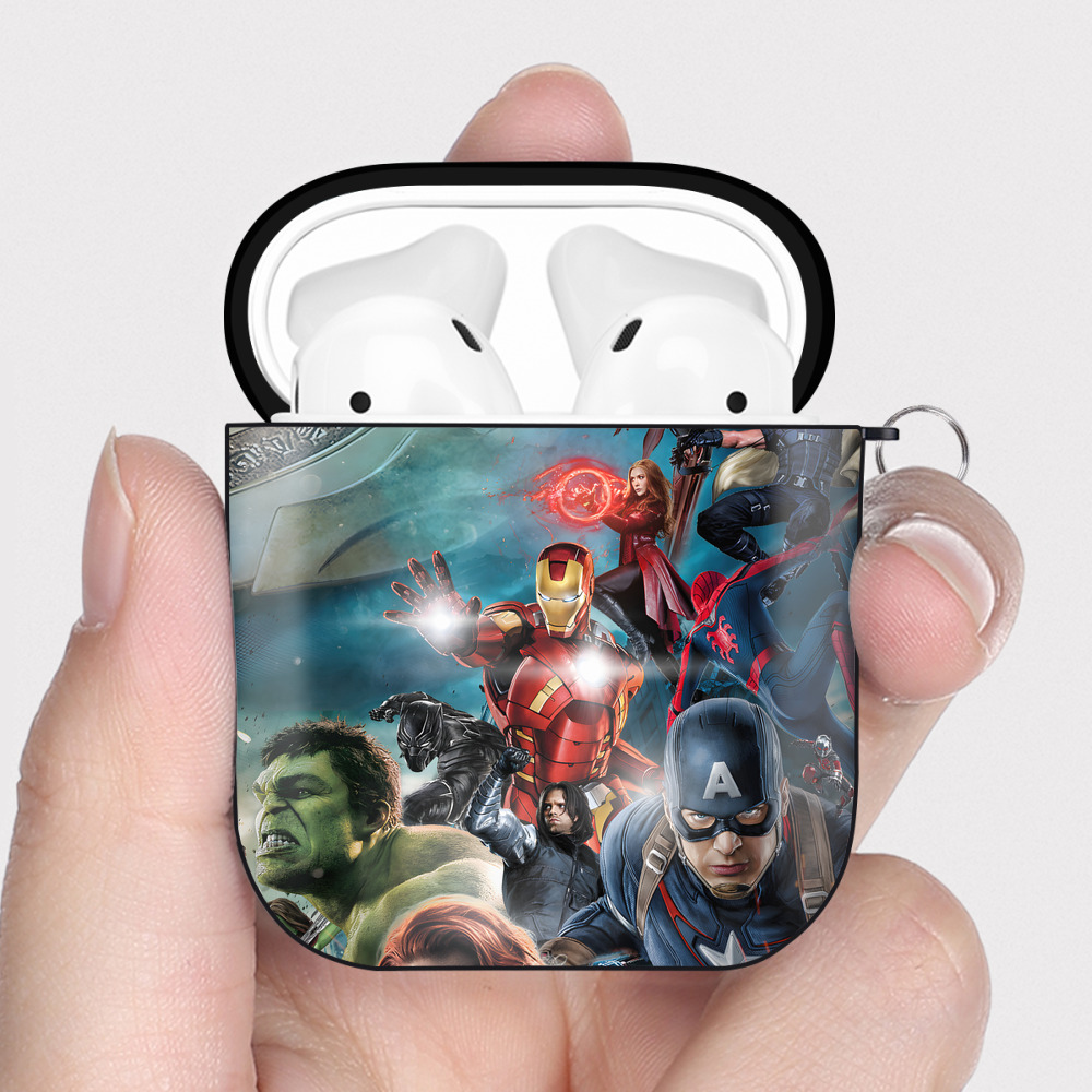 （画像用） アベンジャーズ The Avengers AirPods 第2世代保護ケース ハードシェル ブラック 耐衝撃・防指紋・カラビナ付き