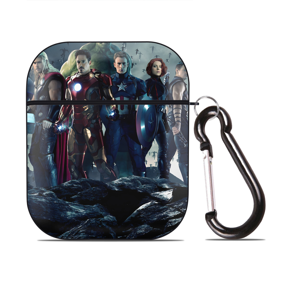 （画像用） アベンジャーズ The Avengers AirPods 第2世代保護ケース ハードシェル ブラック 耐衝撃・防指紋・カラビナ付き