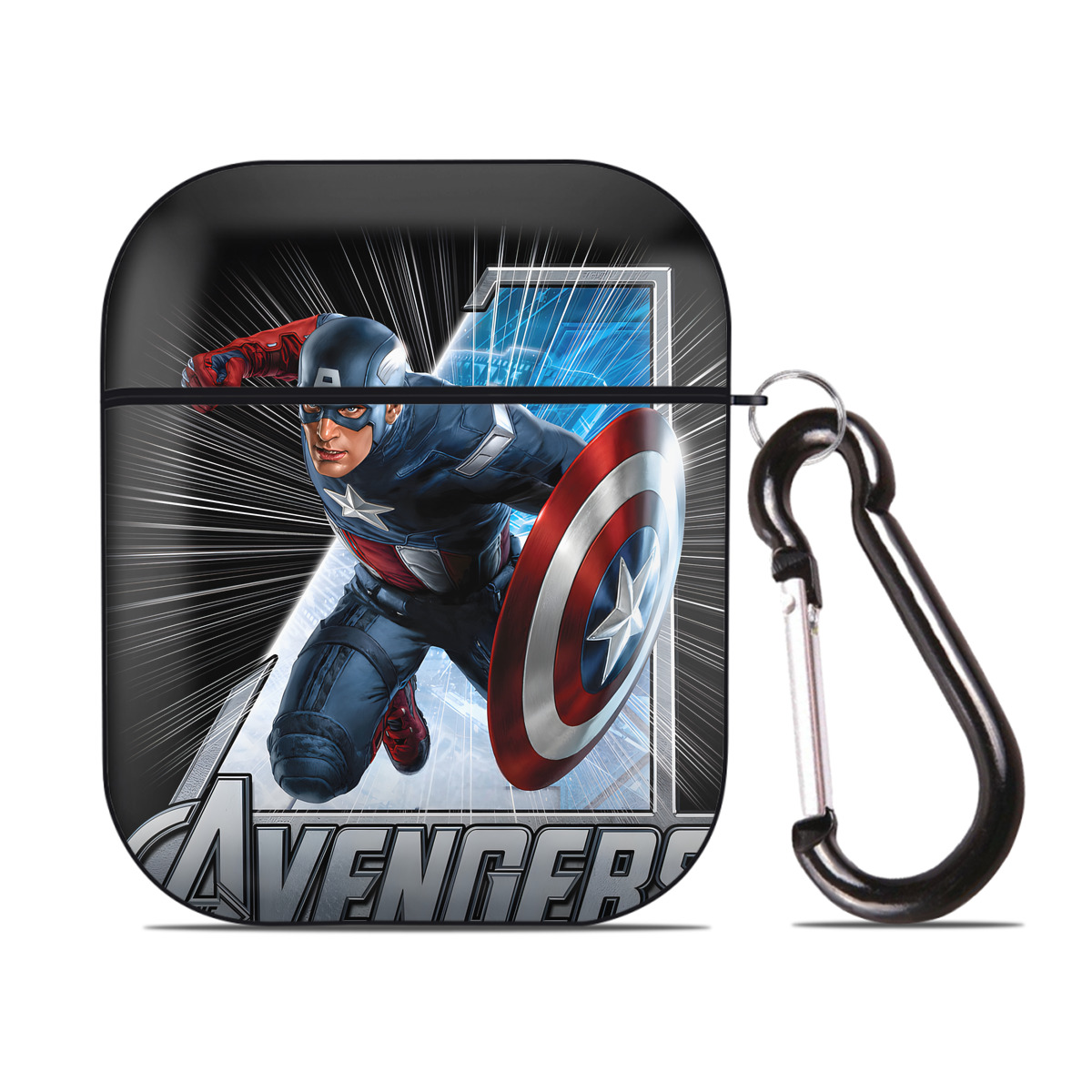 （画像用） アベンジャーズ The Avengers AirPods 第2世代保護ケース ハードシェル ブラック 耐衝撃・防指紋・カラビナ付き