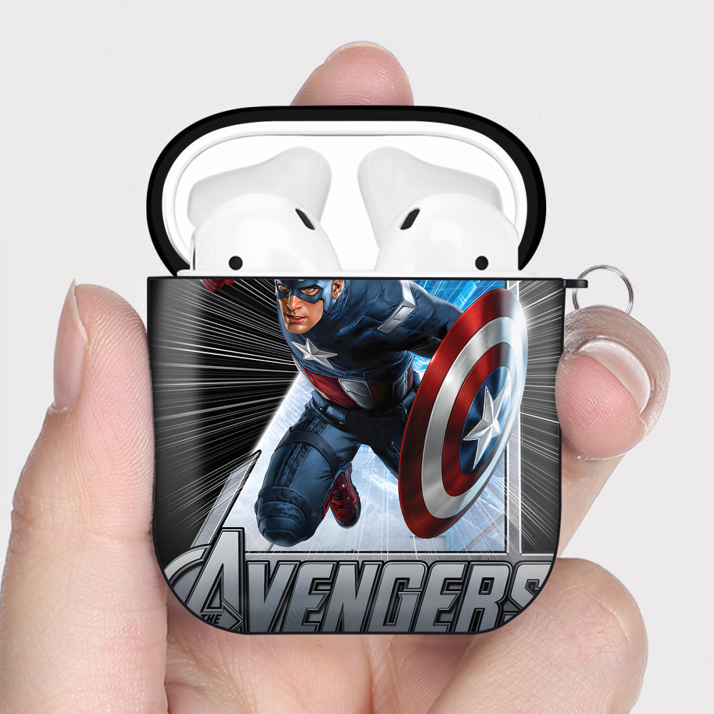 （画像用） アベンジャーズ The Avengers AirPods 第2世代保護ケース ハードシェル ブラック 耐衝撃・防指紋・カラビナ付き