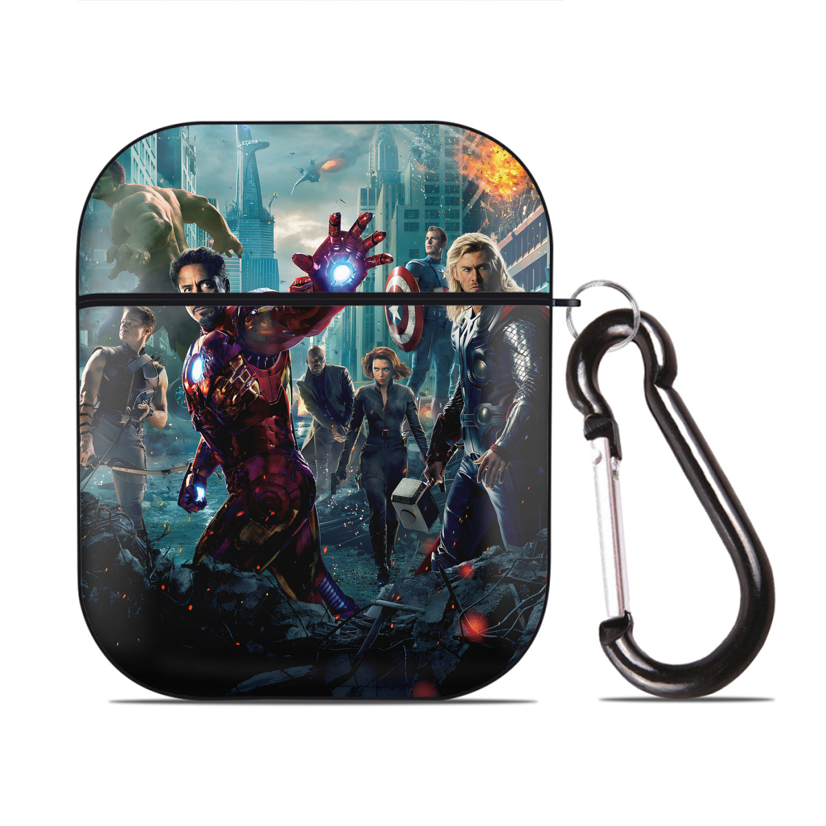 （画像用） アベンジャーズ The Avengers AirPods 第2世代保護ケース ハードシェル ブラック 耐衝撃・防指紋・カラビナ付き