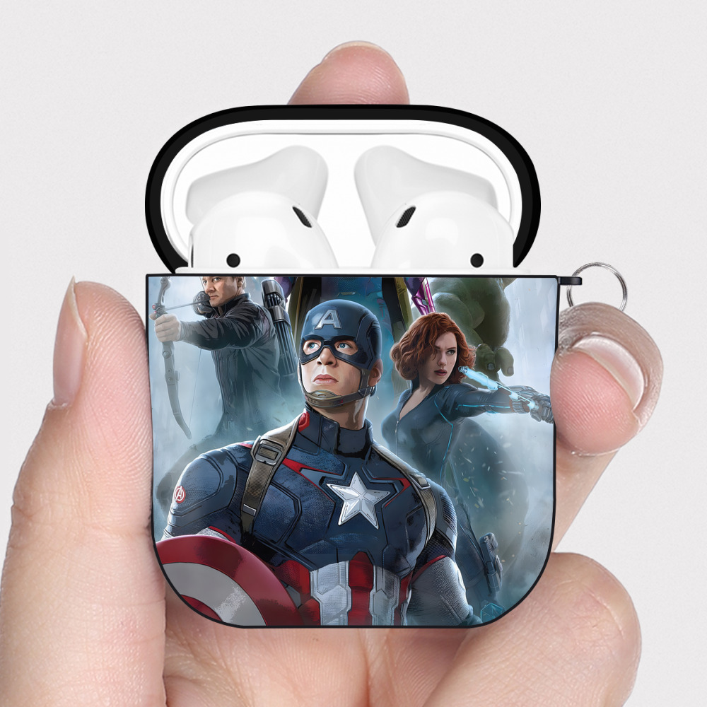 （画像用） アベンジャーズ The Avengers AirPods 第2世代保護ケース ハードシェル ブラック 耐衝撃・防指紋・カラビナ付き