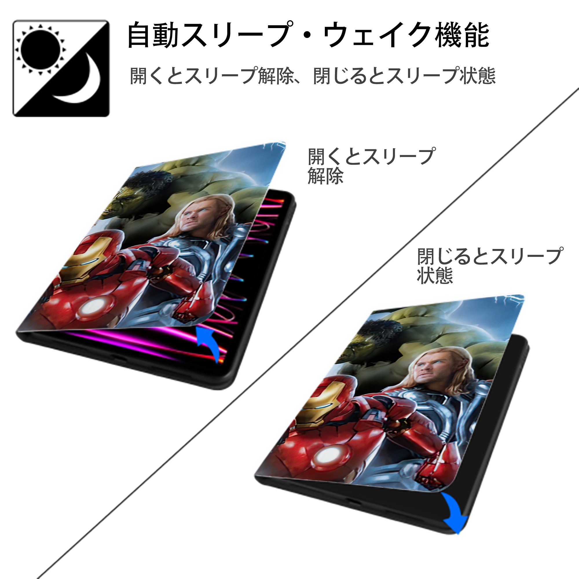 アベンジャーズ The Avengers IPad ケース ブック型 PUレザー TPU 耐衝撃 軽量 薄型 ペン収納なし 全面保護 IPad 各モデル対応
