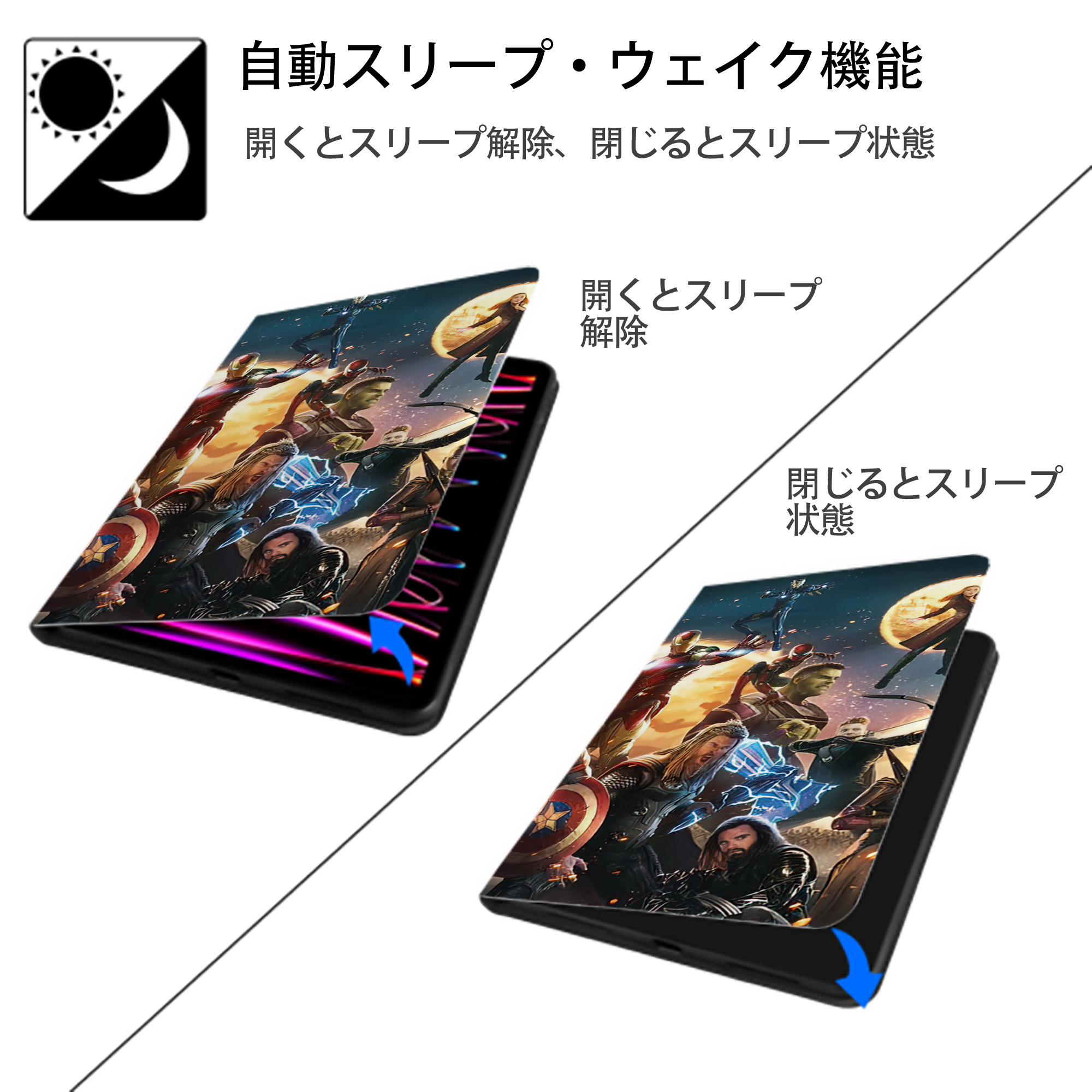 アベンジャーズ The Avengers IPad ケース ブック型 PUレザー TPU 耐衝撃 軽量 薄型 ペン収納なし 全面保護 IPad 各モデル対応