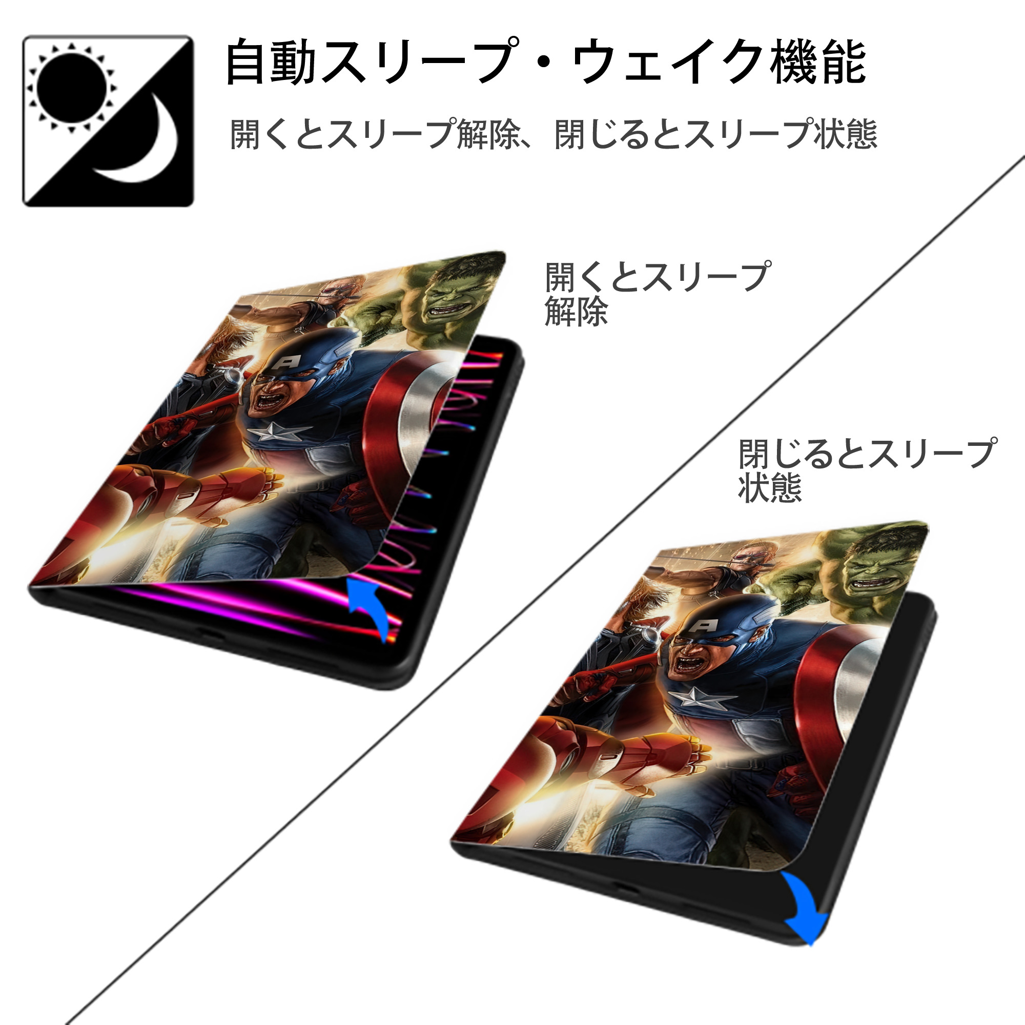 アベンジャーズ The Avengers IPad ケース ブック型 PUレザー TPU 耐衝撃 軽量 薄型 ペン収納なし 全面保護 IPad 各モデル対応