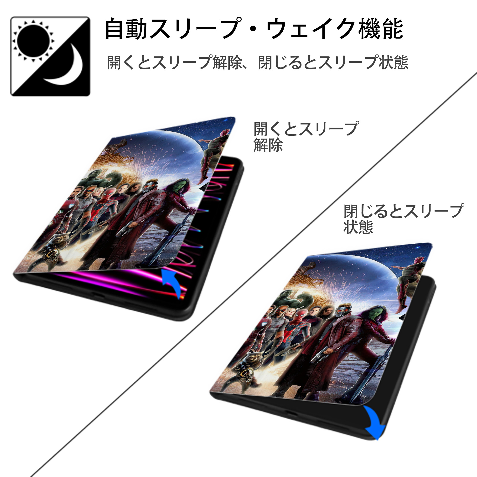 アベンジャーズ The Avengers IPad ケース ブック型 PUレザー TPU 耐衝撃 軽量 薄型 ペン収納なし 全面保護 IPad 各モデル対応