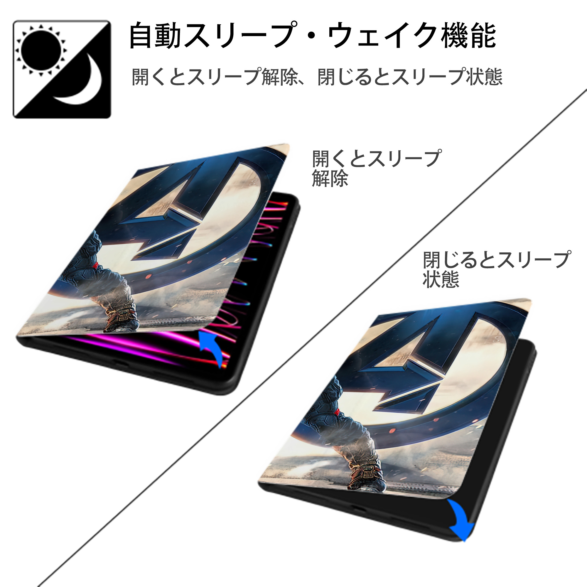 アベンジャーズ The Avengers IPad ケース ブック型 PUレザー TPU 耐衝撃 軽量 薄型 ペン収納なし 全面保護 IPad 各モデル対応