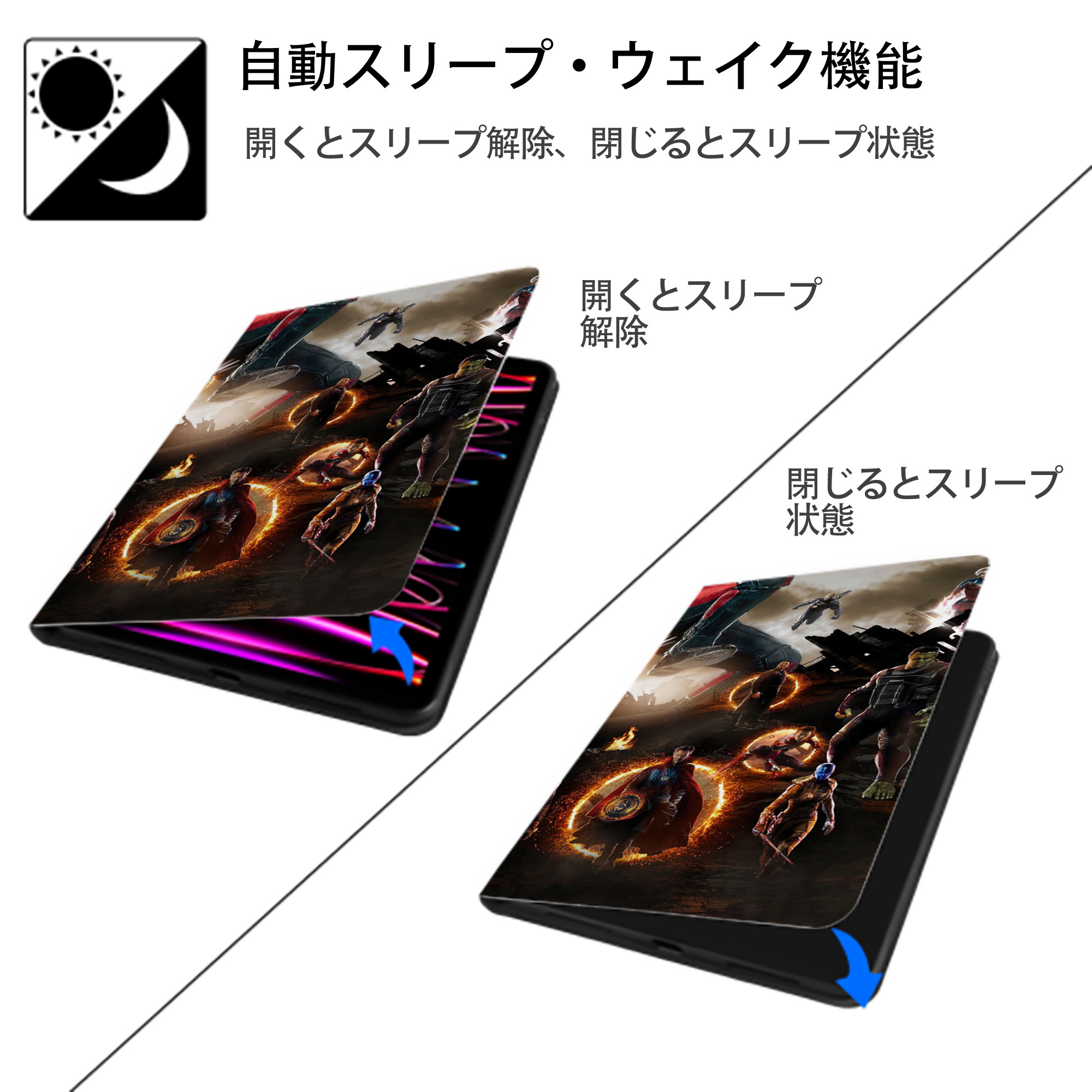 アベンジャーズ The Avengers IPad ケース ブック型 PUレザー TPU 耐衝撃 軽量 薄型 ペン収納なし 全面保護 IPad 各モデル対応
