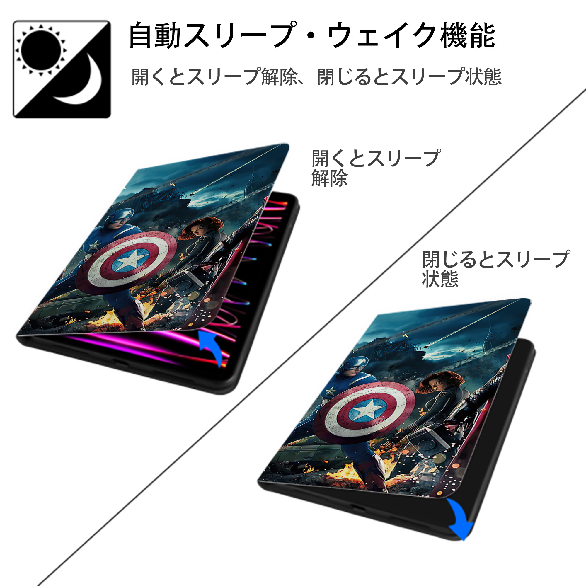 アベンジャーズ The Avengers IPad ケース ブック型 PUレザー TPU 耐衝撃 軽量 薄型 ペン収納なし 全面保護 IPad 各モデル対応