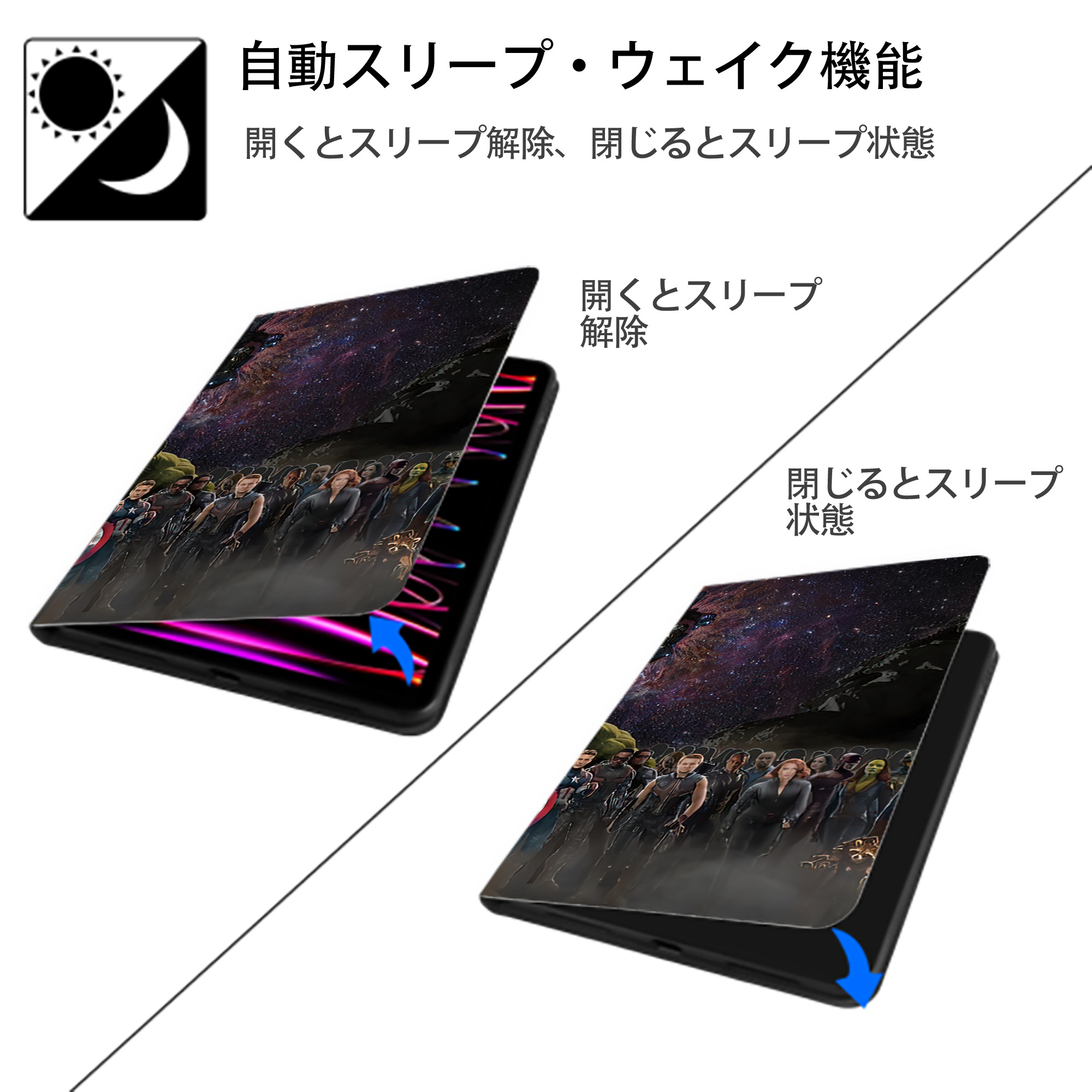 アベンジャーズ The Avengers IPad ケース ブック型 PUレザー TPU 耐衝撃 軽量 薄型 ペン収納なし 全面保護 IPad 各モデル対応