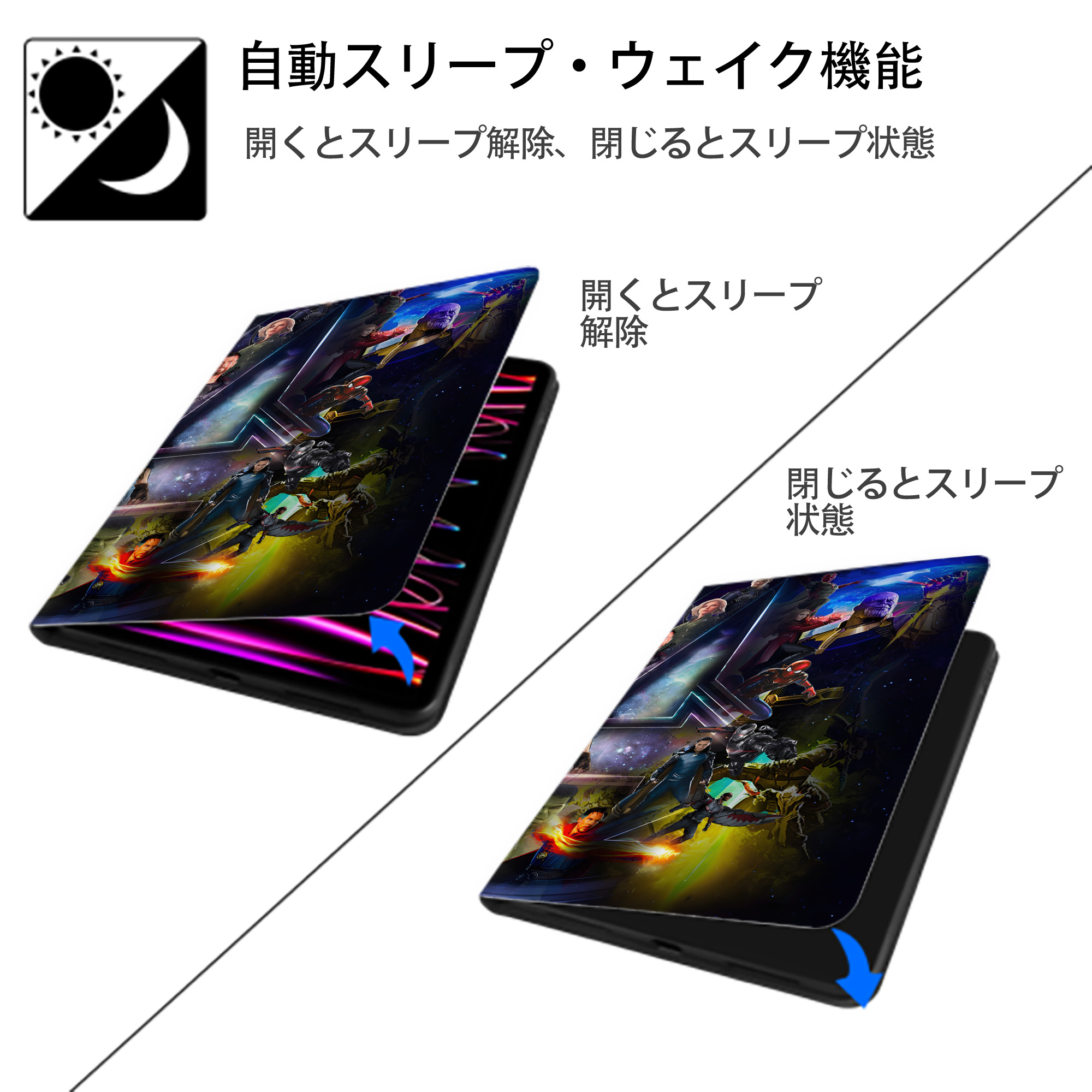 アベンジャーズ The Avengers IPad ケース ブック型 PUレザー TPU 耐衝撃 軽量 薄型 ペン収納なし 全面保護 IPad 各モデル対応