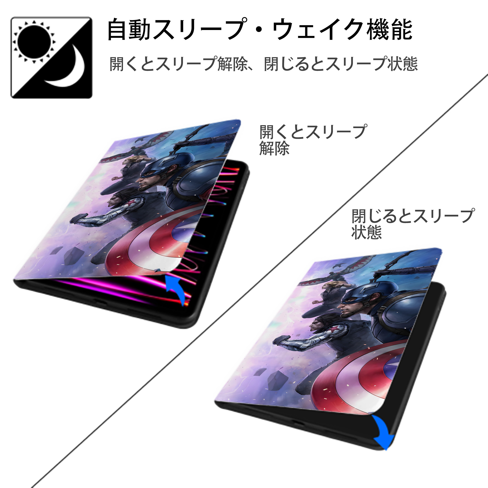 アベンジャーズ The Avengers IPad ケース ブック型 PUレザー TPU 耐衝撃 軽量 薄型 ペン収納なし 全面保護 IPad 各モデル対応
