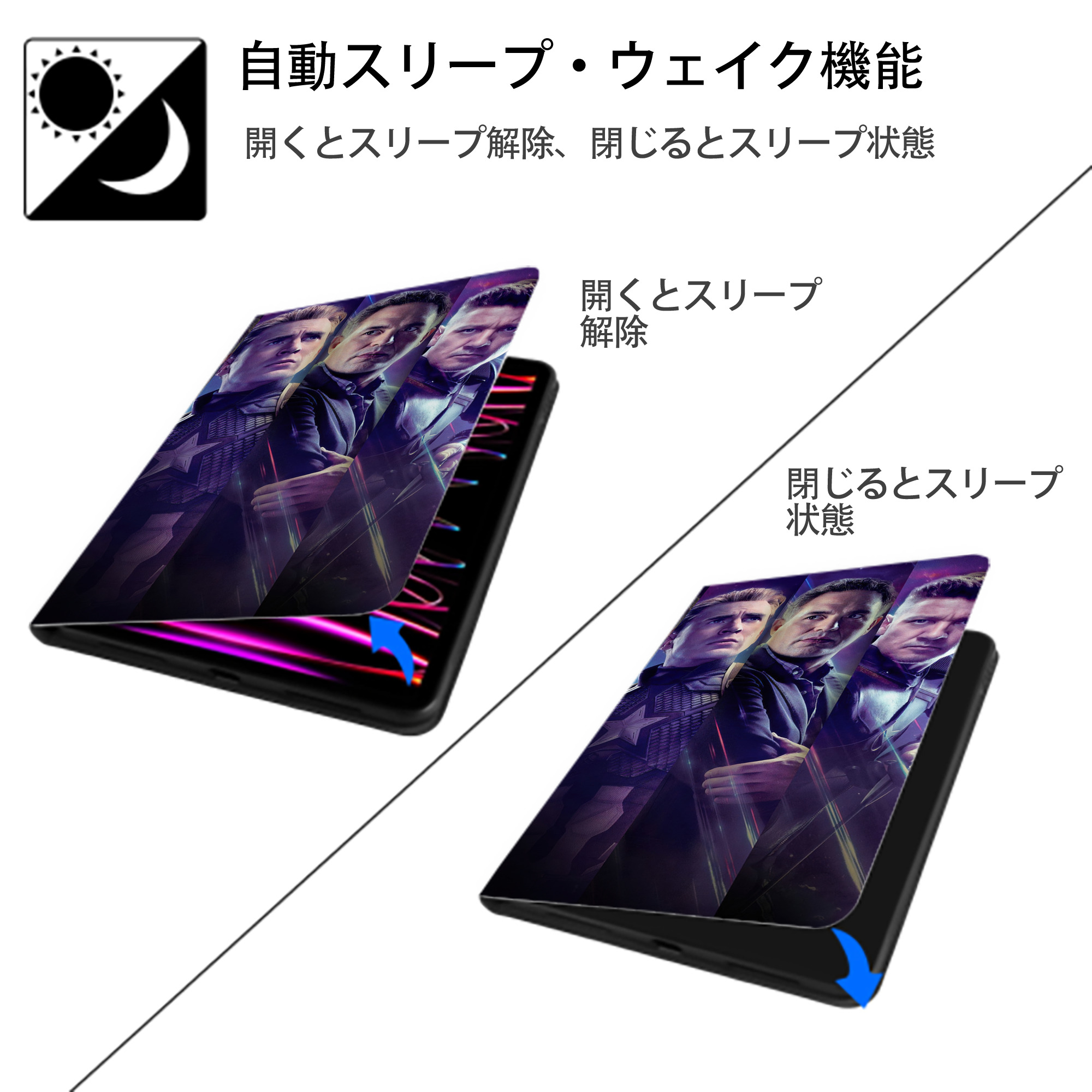 アベンジャーズ The Avengers IPad ケース ブック型 PUレザー TPU 耐衝撃 軽量 薄型 ペン収納なし 全面保護 IPad 各モデル対応