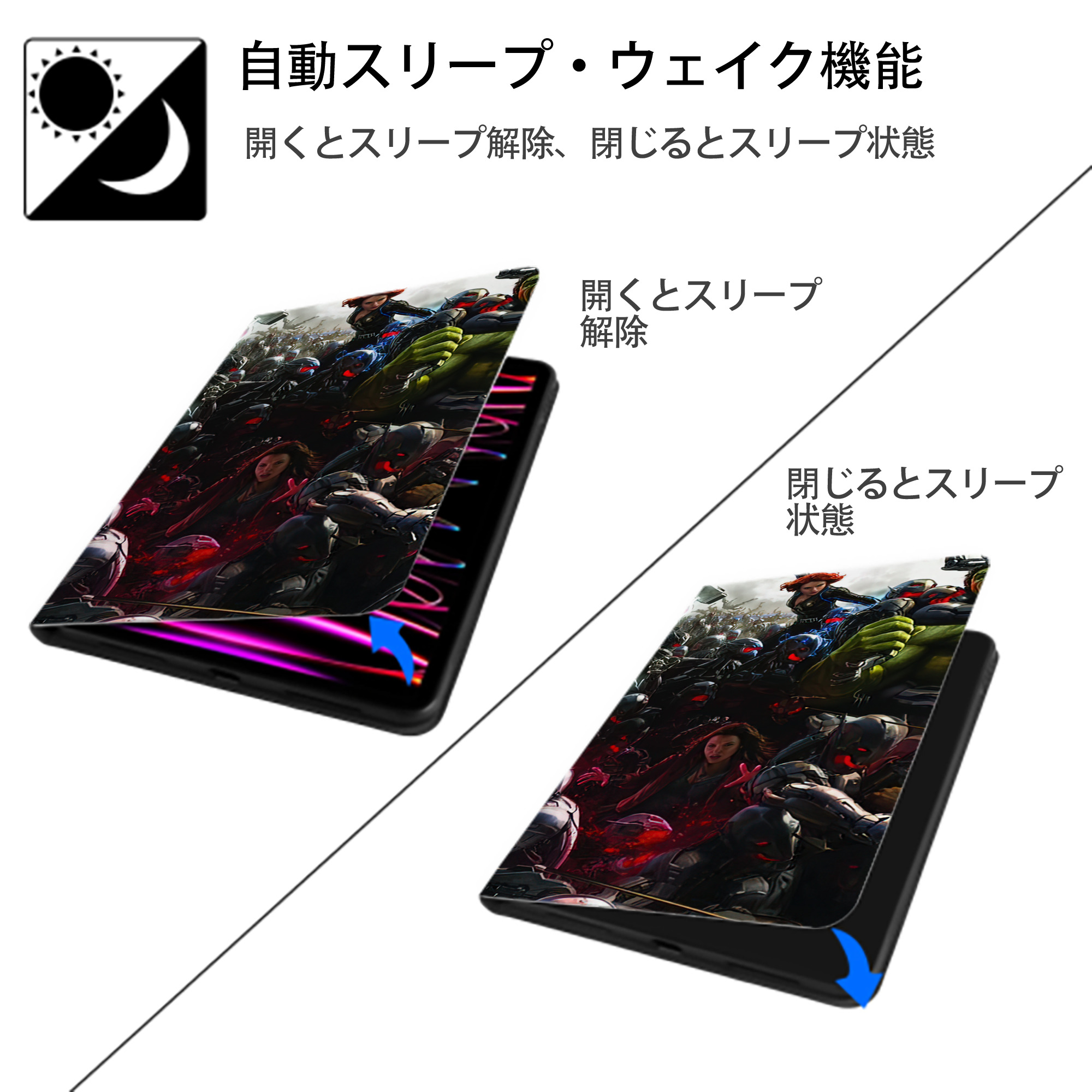 アベンジャーズ The Avengers IPad ケース ブック型 PUレザー TPU 耐衝撃 軽量 薄型 ペン収納なし 全面保護 IPad 各モデル対応