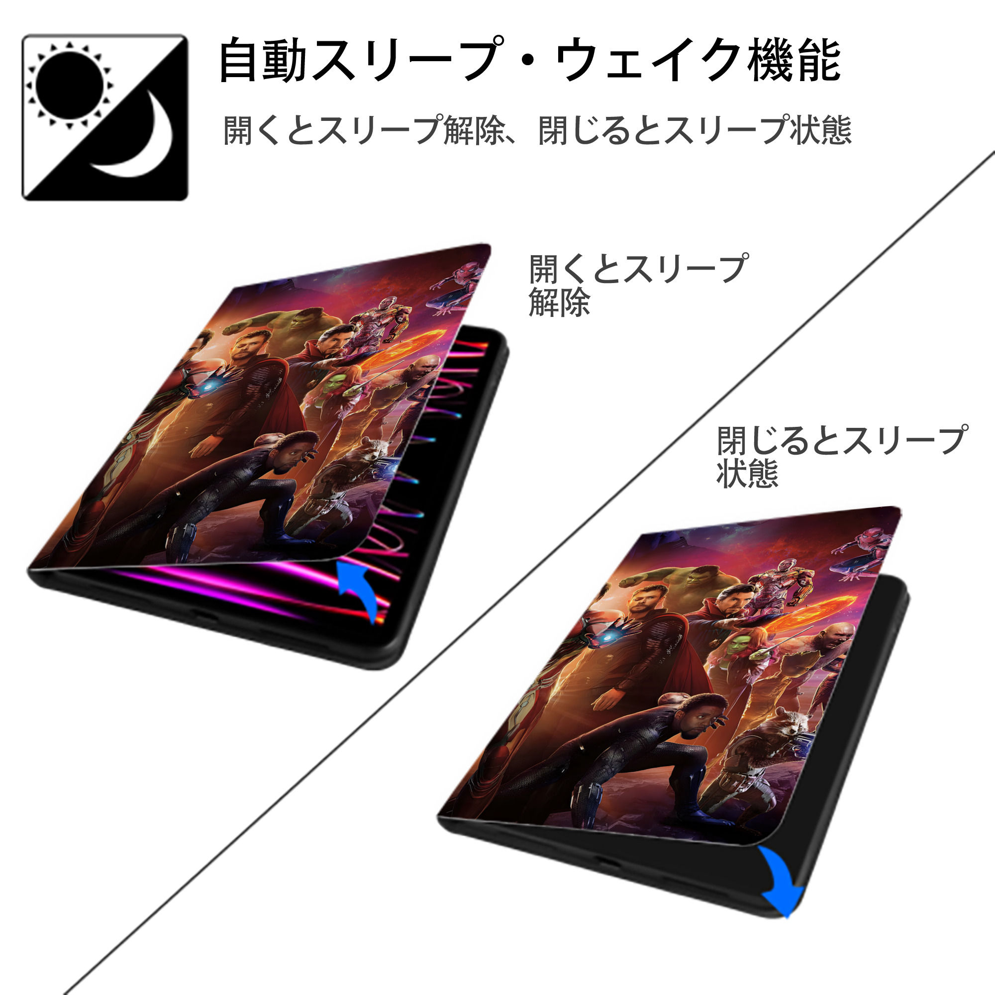 アベンジャーズ The Avengers IPad ケース ブック型 PUレザー TPU 耐衝撃 軽量 薄型 ペン収納なし 全面保護 IPad 各モデル対応