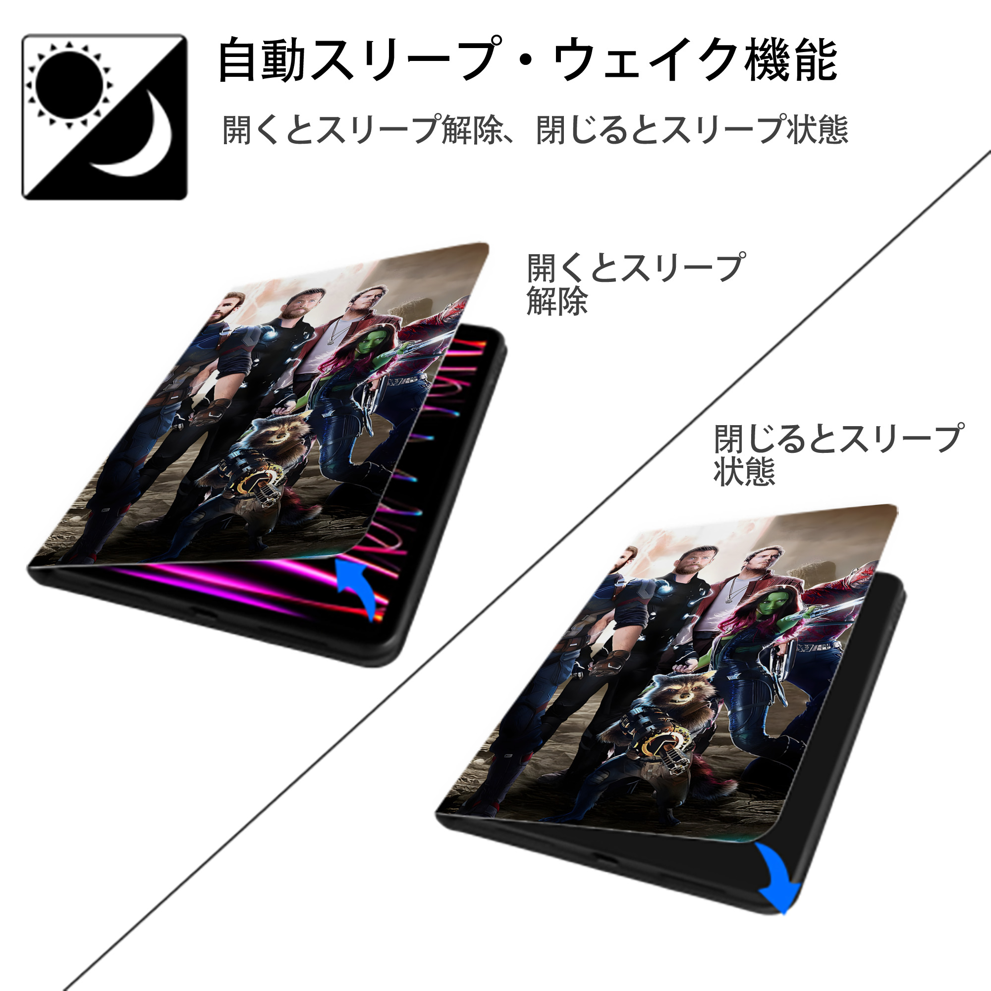 アベンジャーズ The Avengers IPad ケース ブック型 PUレザー TPU 耐衝撃 軽量 薄型 ペン収納なし 全面保護 IPad 各モデル対応