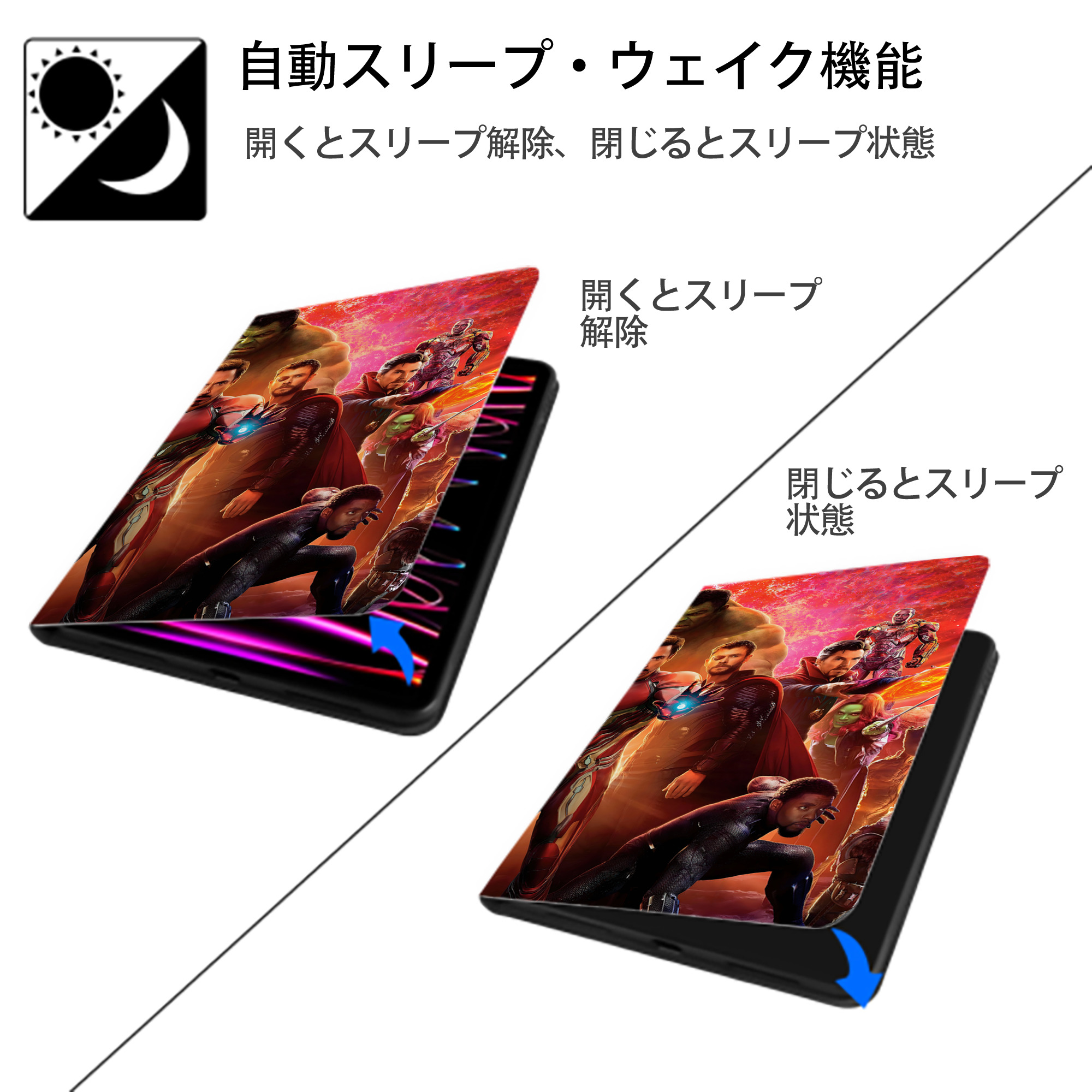 アベンジャーズ The Avengers IPad ケース ブック型 PUレザー TPU 耐衝撃 軽量 薄型 ペン収納なし 全面保護 IPad 各モデル対応
