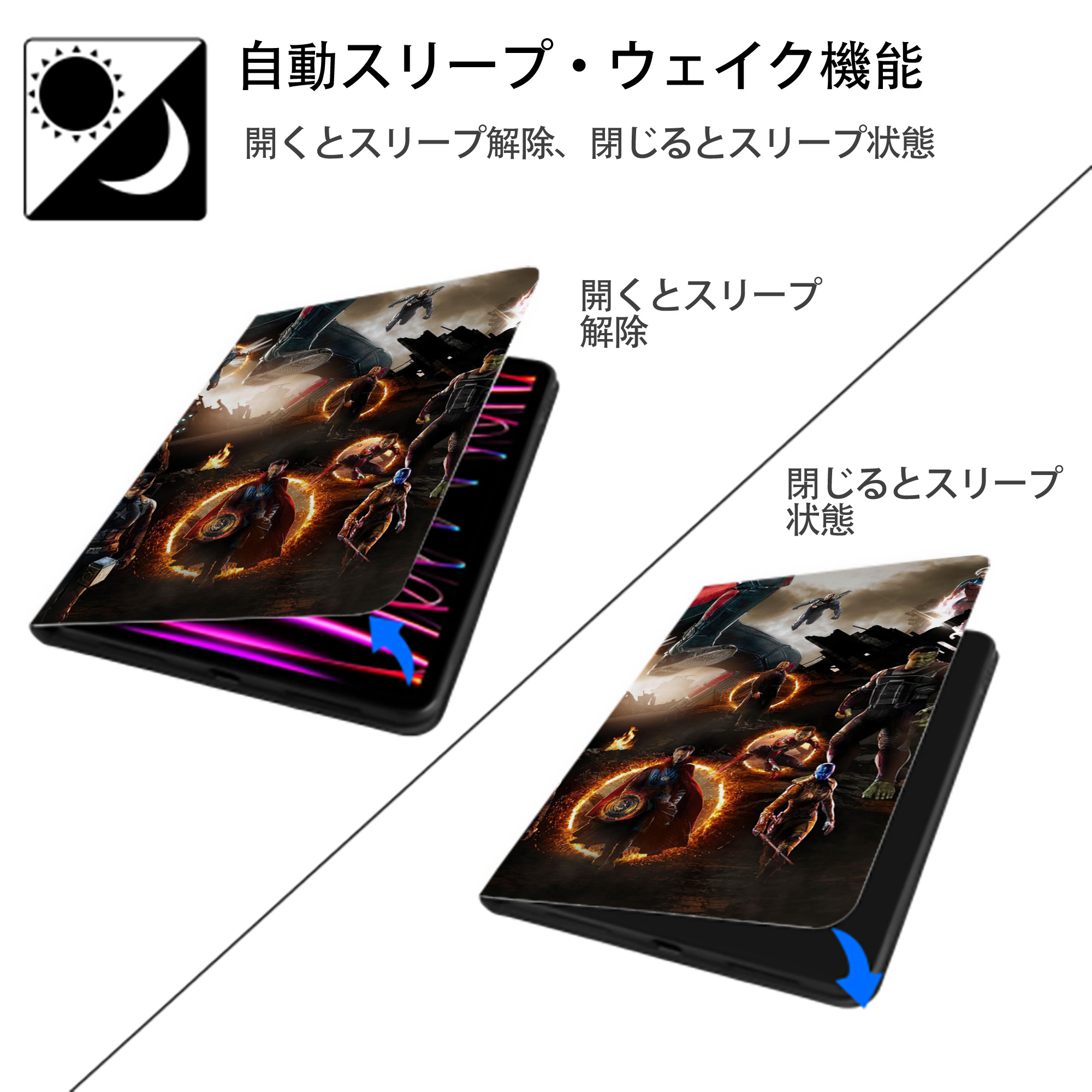アベンジャーズ The Avengers IPadケース ペンホルダー付き ブックスタイルデザイン