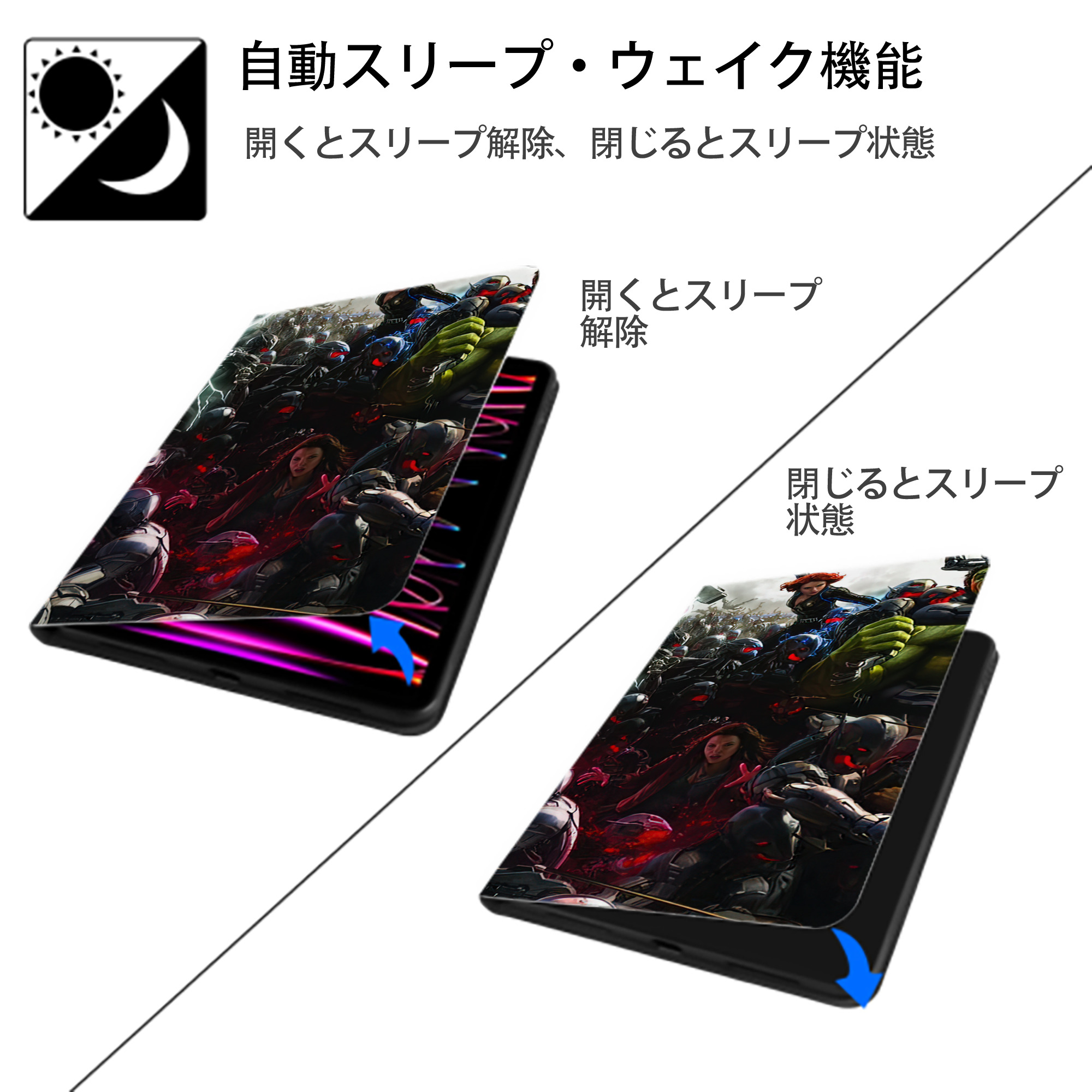 アベンジャーズ The Avengers IPadケース ペンホルダー付き ブックスタイルデザイン